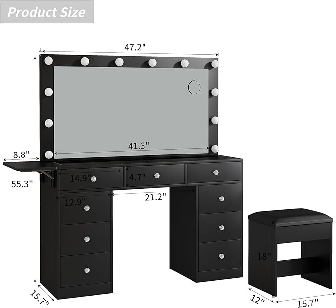 Vanity Desk & Power Outle, Makeup Vanity with Mirror and 12 LED Lights, 9 Drawers Makeup Table with Fold-up Panel, 3 Lighting Modes Brightness Adjustable (Black)