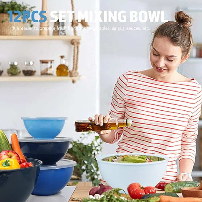BoxedHome BPA Free Plastic Round Mixing Bowl with Lids, 12 Pack Nesting Bowls with Lids Set, Microwave and Dishwasher Safe Prep & Serving Bowls Great for Mixing, Baking, Serving (Blue, 12pcs)