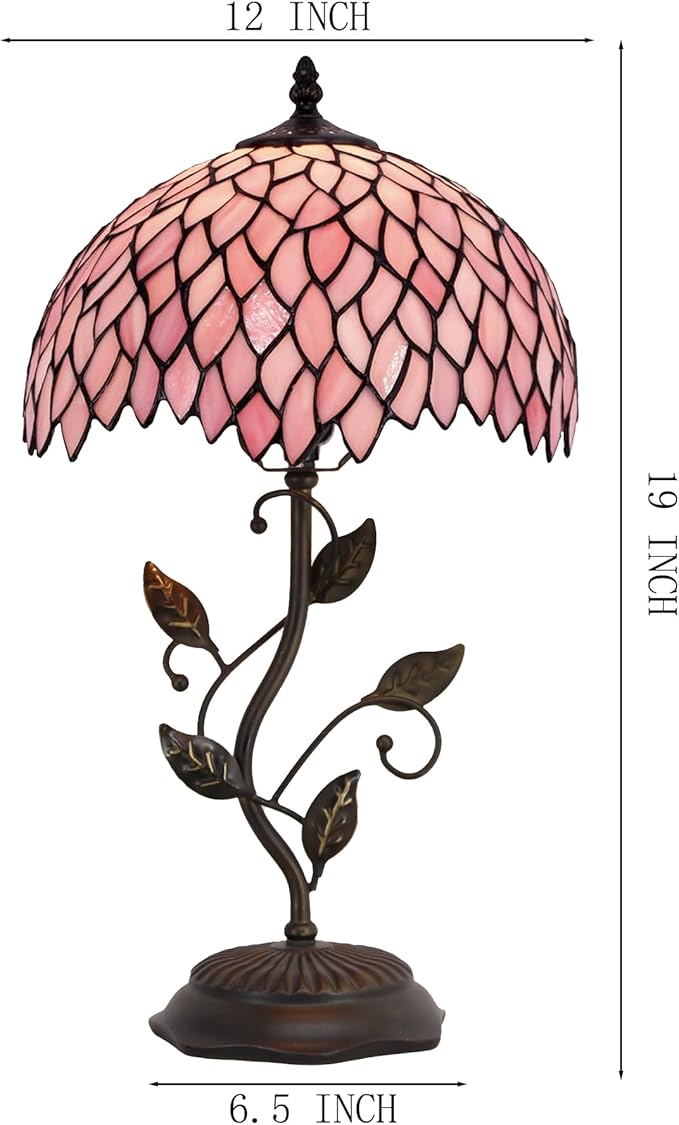Tiffany Table Lamp, Stained Glass Desk Light, W12H19 Inch, Metal Leaf Base (Pink Wisteria)