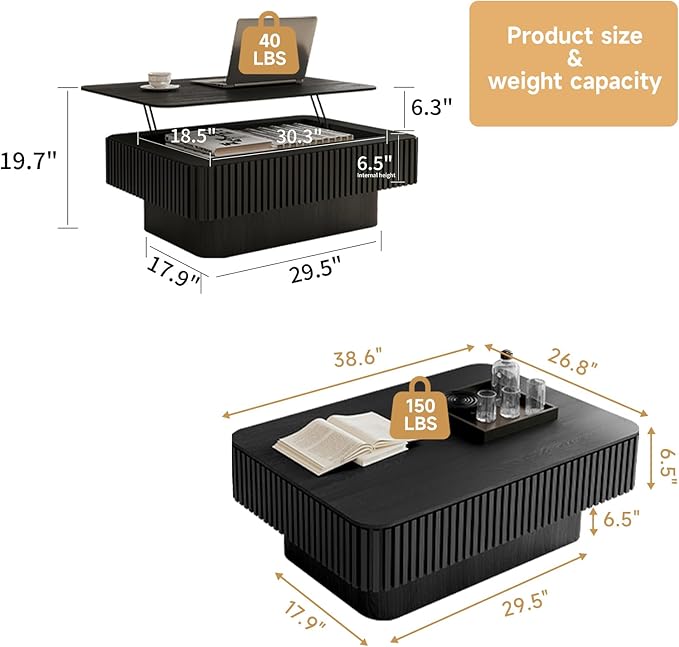 Lift Top Coffee Table for Living Room,Rectangle Handmade Solid Wood Strips, Fluted Coffee Table with Hidden Storage Compartment for Small Space Office Apartment (38.6"L×26.8''W×13.8''H-Black)