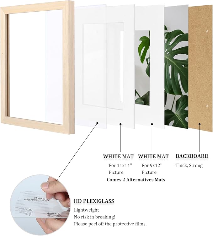 Egofine 12x16 Picture Frame Made of Solid Wood with Plexiglass, Display Pictures 9x12/11x14 with Mat or 12x16 Without Mat for Wall Mounting, Oak Wood