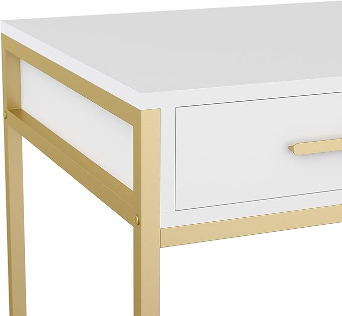 Martha Stewart Ollie Home Office Desk with 3 Drawers in White with Polished Brass Hardware