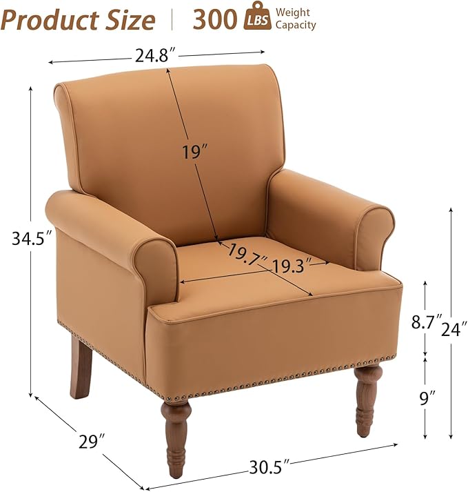 Accent Chair, Faux Leather Living Room Chairs with Nailhead Trim, Mid-Century Lounge Armchair with Solid Wood Legs, Comfy Reading Single Sofa for Bedroom, Waiting Room (Orange, 2 Chairs)