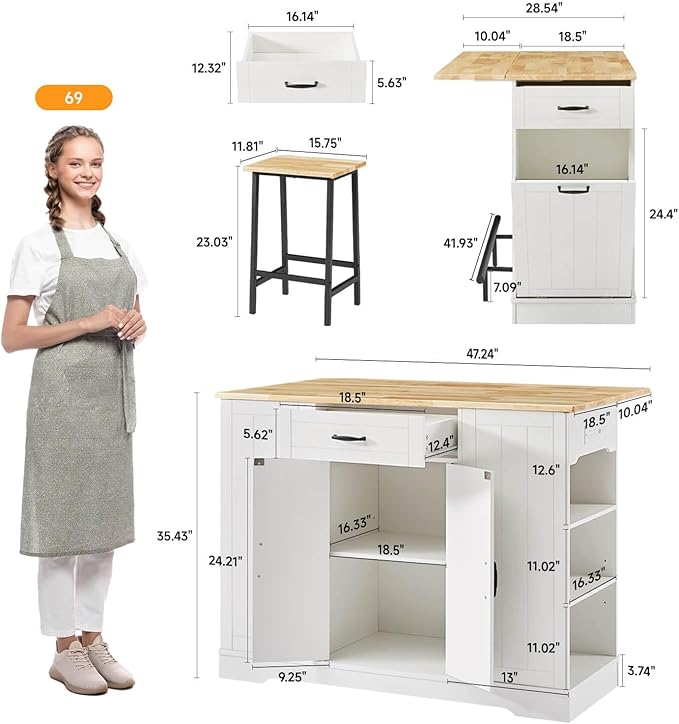 Stationary Kitchen Islands Include 2 Chairs, 47" Kitchen Island with Drop Leaf, Home Bar Table with Spice Rack & with Trash Cabinet, Island Table for Dining Room with Power Outlet, White