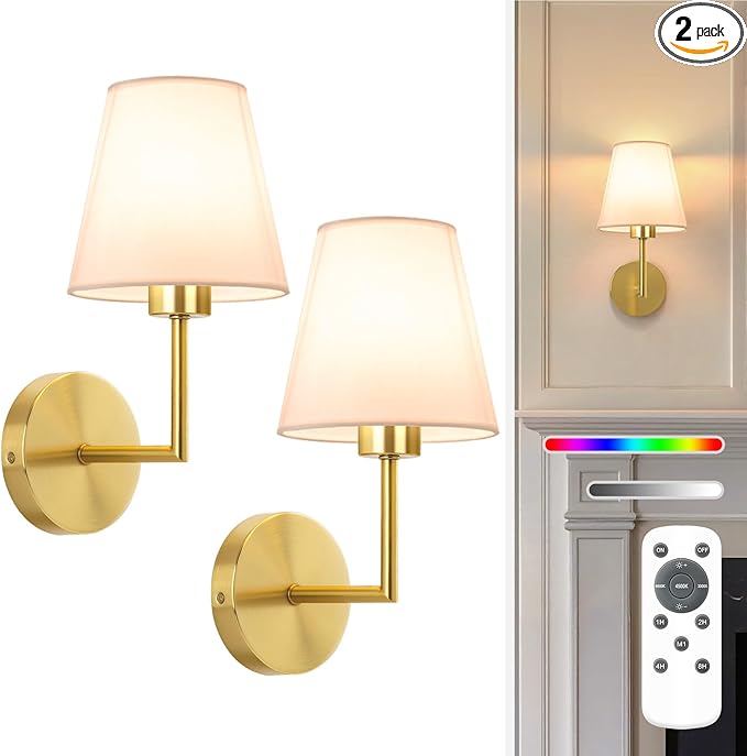 NIORSUN 13.8 inch Battery Operated Wall Sconce Set of 2,Gold Rechargeable Wall Lights with 5200mAh Dimmable Detachable Bulbs and Remote,9 Colors Wireless Sconces for Bedroom Living Room Hallway