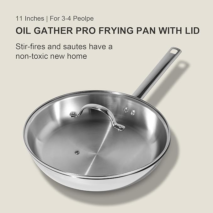 DELUXE Stainless Steel Frying Pan with Lid, 11-Inches Oil Gather Pro Skillet with 3-Ply Heavy Bottom, PFOA Free Frying Pot with Stay-Cool Handle Compatible with All Stoves, Dishwasher Oven safe