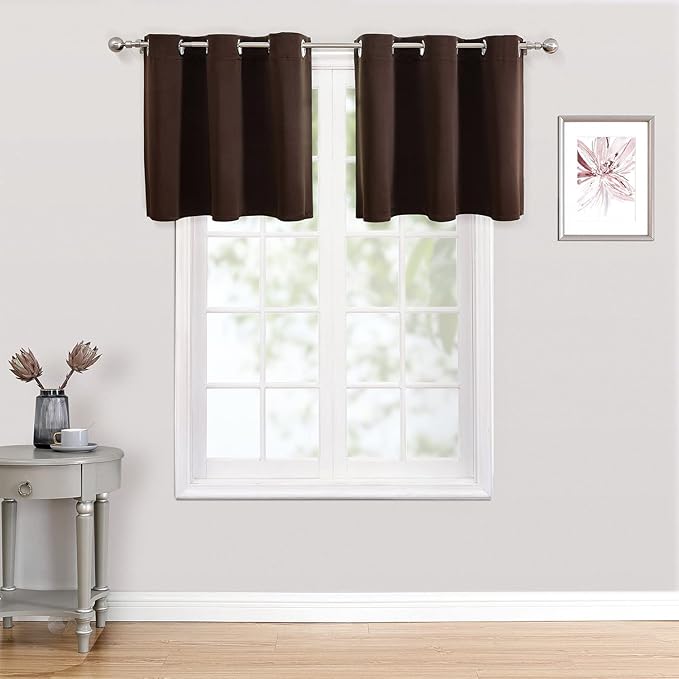 ChrisDowa Small Kitchen Valances for Windows - Grommet Short Thermal Insulated Room Darkening Window Valances Curtains for Living Room (2 Panels, Brown, 42 x 18 Inch)