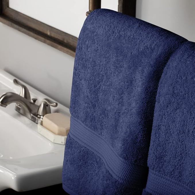 Superior Egyptian Cotton Pile Bath Towel Set of 2, Ultra Soft Luxury Towels, Thick Plush Essentials, Absorbent Heavyweight, Guest Bath, Hotel, Spa, Home Bathroom, Shower Basics, Navy Blue