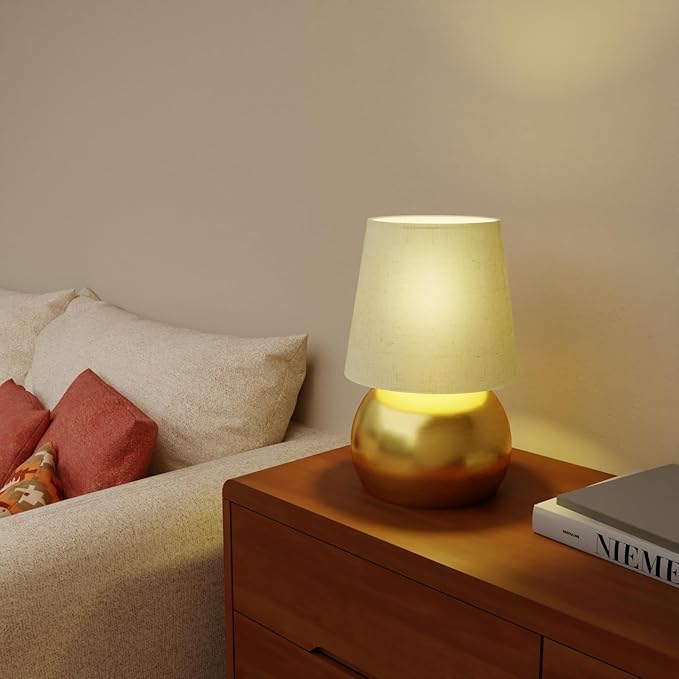 Set of 2 Small Gold Spherical Base Bedside Table Lamp with Textured Linen Shade (Bulb Included)