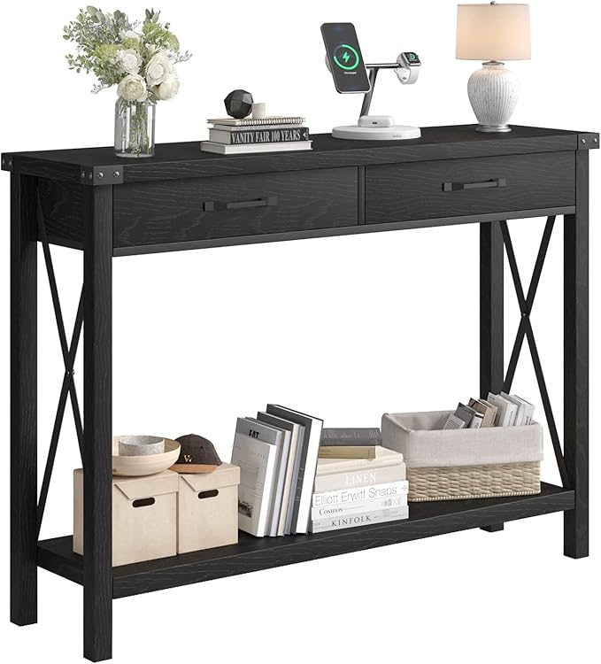 43” Entryway Table with Drawers, Narrow Console Sofa Table with Storage & Shelves, Farmhouse Entryway Console Table for Hallway, Living Room - Black