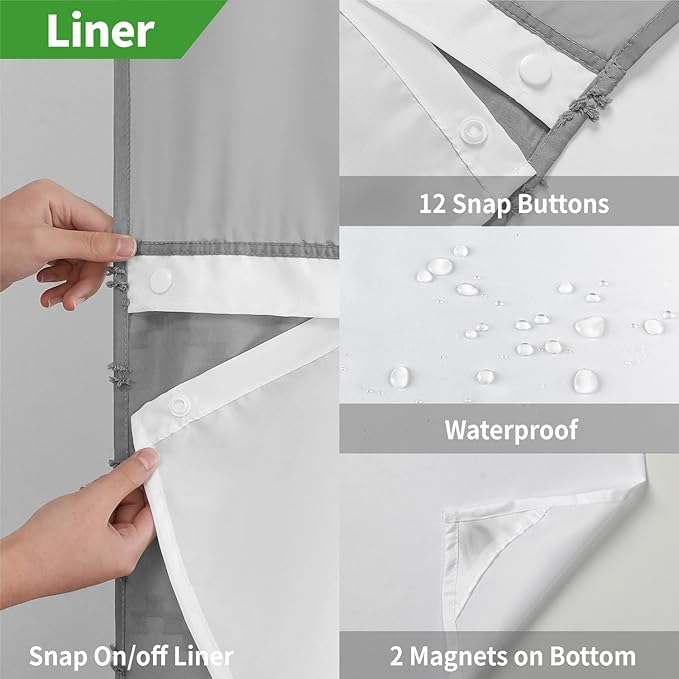 Long No Hook Tufted Chevron Striped Shower Curtain with Snap-in Fabric Liner set-71Wx80H(78H),Grey Hotel Grade Boho Style Shower Curtain with See Through Top Window,Water Repellent