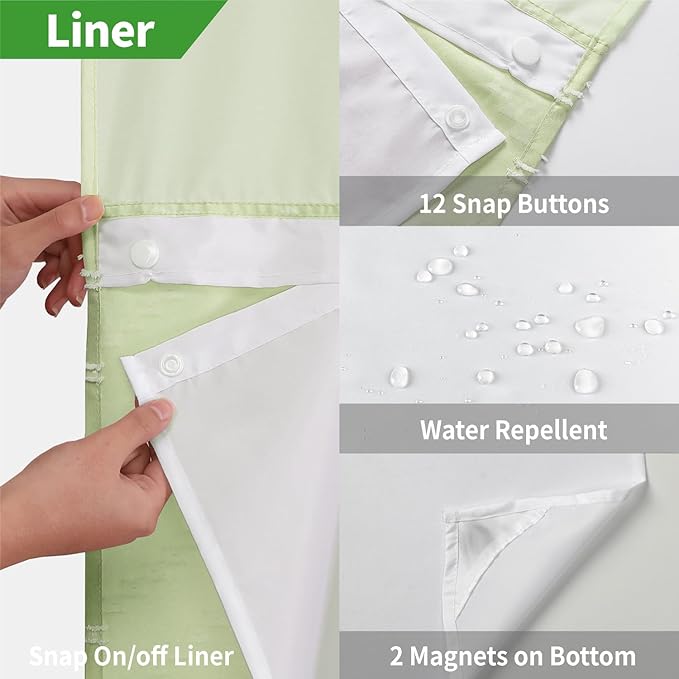 Extra Long No Hook Boho Shower Curtain with Snap-in Fabric Liner Set,71x86,White Woven Fabric Tufted Chevron Striped Design,Modern Chic Minimalist Bathroom Curtain,71x86,Sage Green