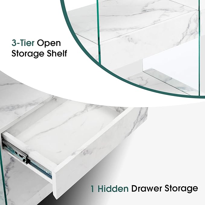 ivinta Glass Console Table with Storage Shelves, 3-Tier Modern Entryway Table with Hidden Drawer for Living Room Hallway or Entrance, 5104 (White, 39")