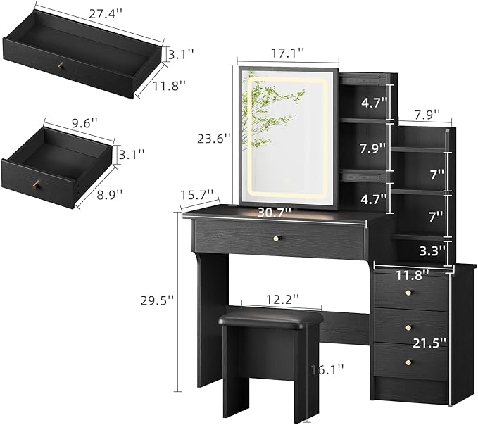 Vanity Desk with Mirror and Lights, Makeup Vanity with 3 Adjustable Lighting Modes, Small Vanity Desk with Sliding Mirror, 4 Drawers, 7 Shelves, Vanity Chair for Bedroom, Black