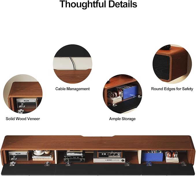 Minimalist 70'' Floating TV Stand with 3 Doors,Solid Wood Wall Mounted TV Console,Floating Entertainment Center with Hidden Storage,Curved Round Edges,Natural Wood Finish(Walnut)