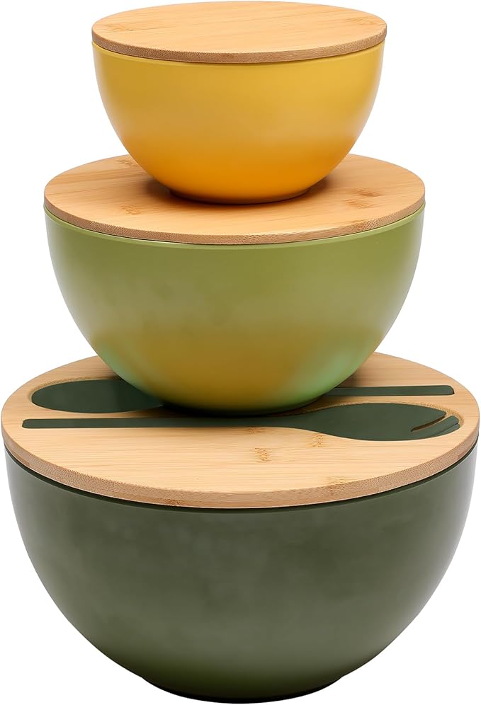 Salad Bowls Set of 3 with Lid & Serving Utensils, Colorful Serving Bowls, Bamboo Fiber Salad Bowls with Bamboo Lid, Kitchen Bowls for Salad, Kitchen Eating, Pasta, Popcorn, Fruit (3 Colors)