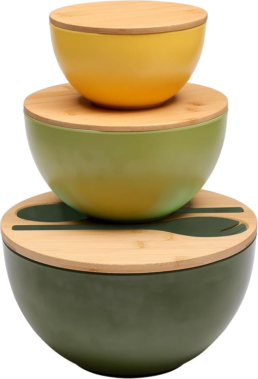Salad Bowls Set of 3 with Lid & Serving Utensils, Colorful Serving Bowls, Bamboo Fiber Salad Bowls with Bamboo Lid, Kitchen Bowls for Salad, Kitchen Eating, Pasta, Popcorn, Fruit (3 Colors)
