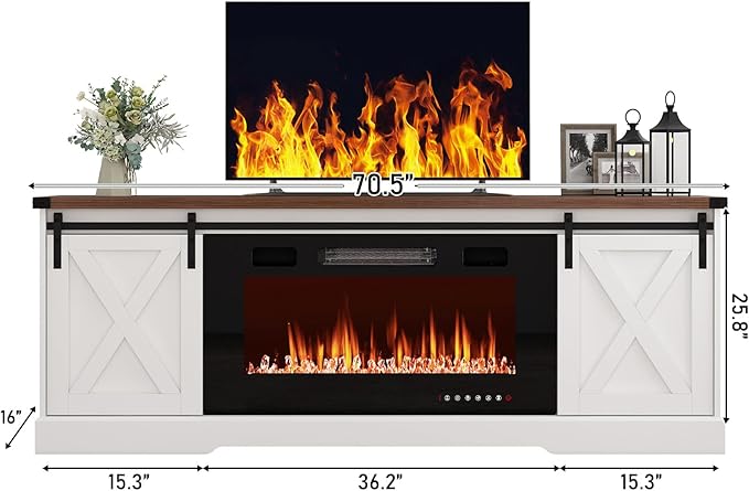 Farmhouse Fireplace TV Stand for 70/75/80 Inch TV, 70 inch Entertainment Center Storage Cabinets with 36”Electric Fireplace and Sliding Barn Doors, Media Console Cabinet for Living Room, White