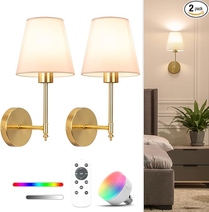 NIORSUN 14.5 inch Battery Operated Wall Sconce Set of 2,Gold Rechargeable Wall Lights with 5200mAh Dimmable Detachable Bulbs and Remote,9 Colors Wireless Sconces for Bedroom Living Room Hallway Decor