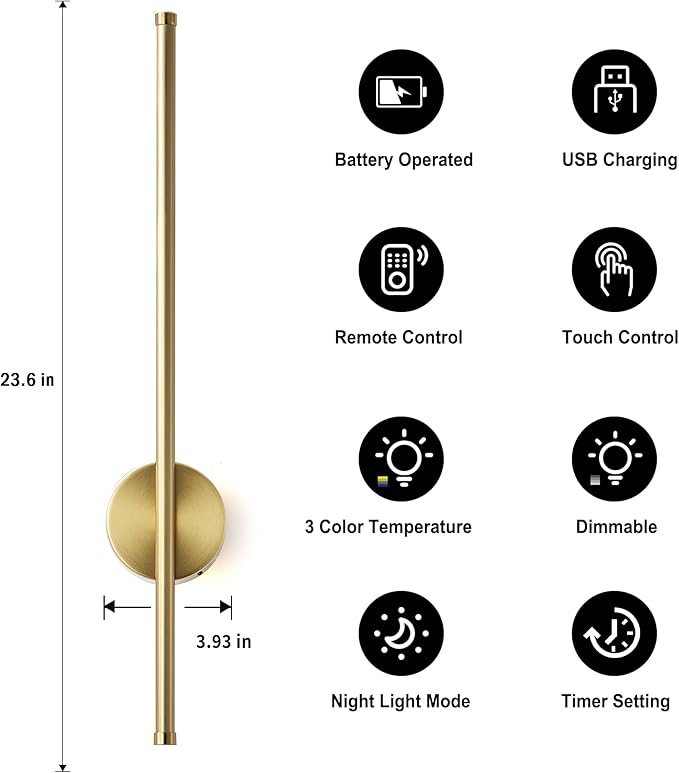 Battery Operated Modern Wall Sconces, Dimmable Wireless Wall Light Set of Two with Remote Control, 3 Color Temperatures, Rechargeable LED Wall Sconce for Bedroom, Living Room, Hallway, 23.6 Inch Brass