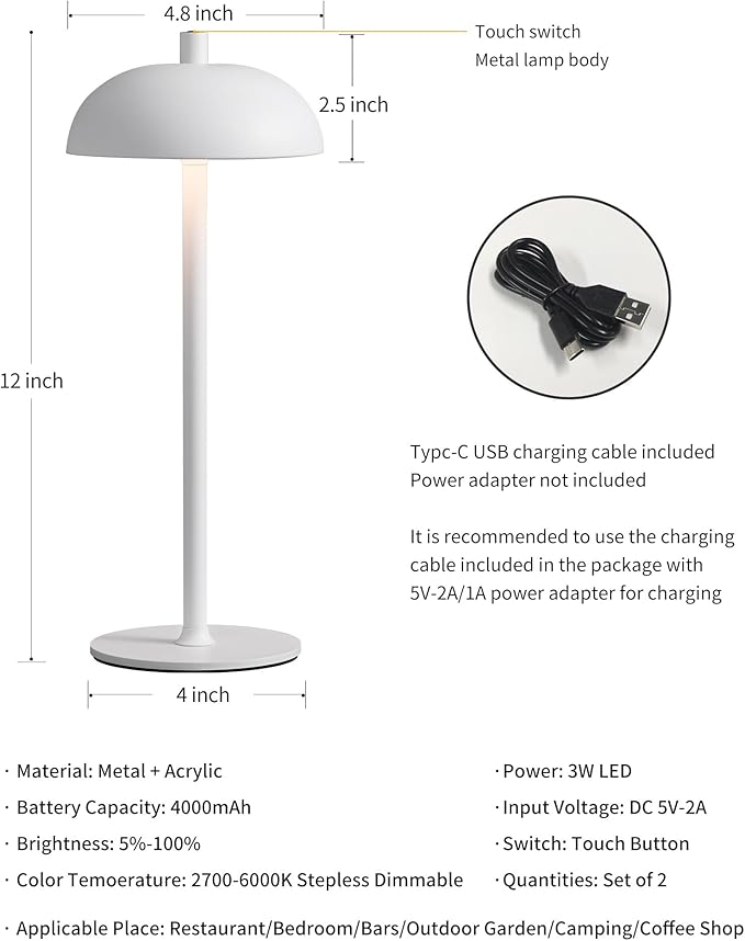 Cordless LED 12" Small Table Lamps Set of 2, Modern Portable Desk Lamp, 3 Color Dimming Rechargeable Battery Lights, for Bedroom, Outdoor, Restaurant, Bedside, Baby Night Light, Gifts (White)