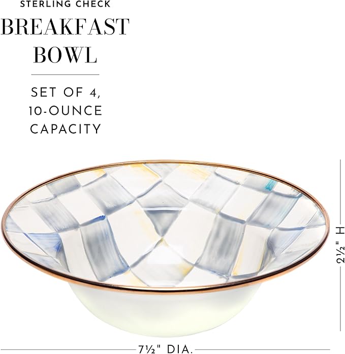 MACKENZIE-CHILDS Enamel Breakfast Bowl, Unique Soup Bowl or Cereal Bowl, Dinnerware, Sterling Check, Set of 4