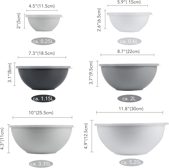 BoxedHome BPA Free Plastic Round Mixing Bowl with Lids, 12 Pack Nesting Bowls with Lids Set, Microwave and Dishwasher Safe Prep & Serving Bowls Great for Mixing, Baking, Serving (White, 12pcs)