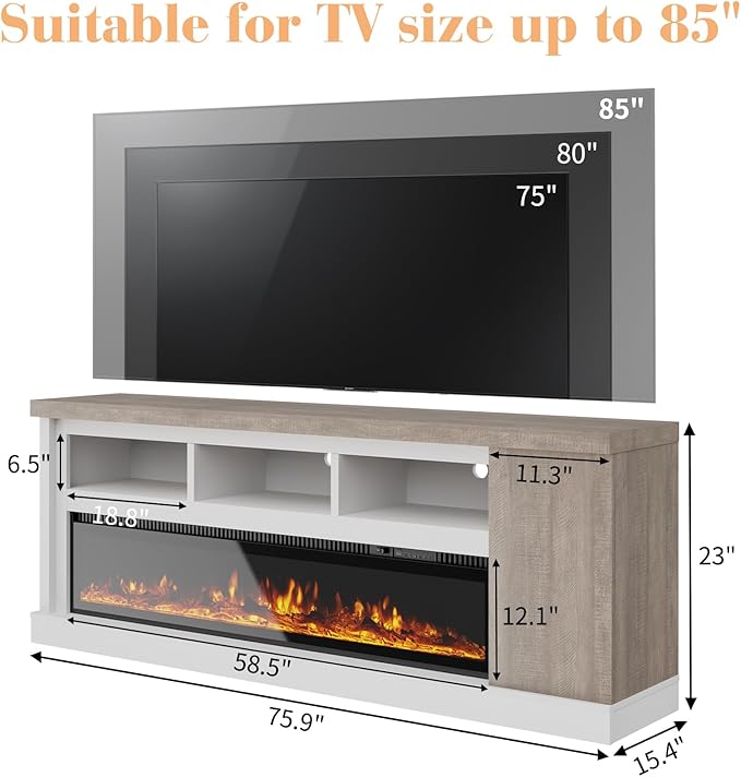 75” Fireplace TV Stand with 60” Electric Fireplace, Chunky Entertainment Center with Wood Grain, Color Clash Entertainment Stand for TVs up to 85”, White&Grey