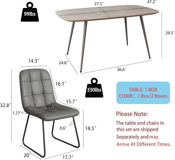 47''Dining Table Set for 4,Modern Wood Dining Table,Leather Dining Chairs 4,Table and Chairs Set of 4,Ideal for Kitchen Dining Room (Gray Table + 4 U-Shaped Gray Chairs, 47.2")