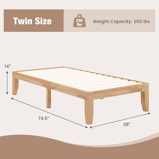 Giantex 14 Inch Twin Wood Platform Bed Frame, Minimalist Style Mattress Foundation with Solid Rubber Wood, Heavy Duty Slat Support, Without Headboard, Easy Assembly, No Box Spring Needed, Natural