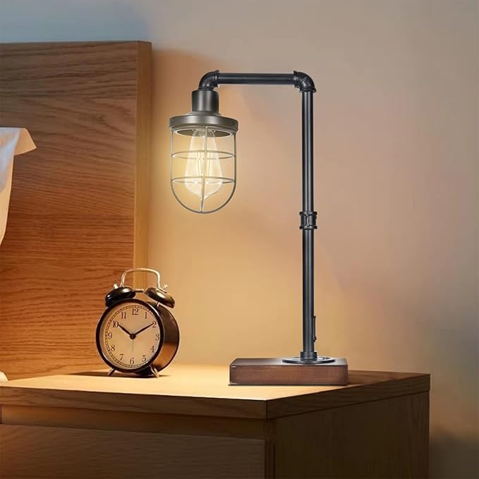 CONCA Steampunk Industrial Lamp, E26 Base Rustic Edison Light with Caged Wood Base and Iron Tube (Black)