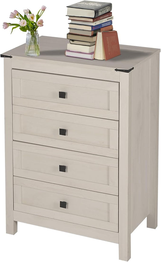 Farmhouse 4 Drawers Dresser, Wood Double Dresser Chest of Drawers Wide Storage Organizer Cabinet for Bedroom, Living Room, Rustic Beige