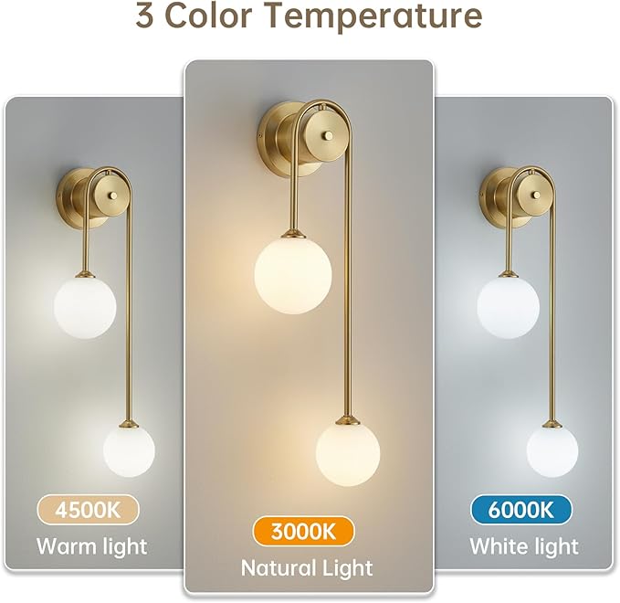 Golden Wall lamp Double Ball, mid-Century Modern Glass Wall sconces,with G9 Tricolor Bulb for Living Room Bedroom Bedside Stairs Restaurant Bathroom Corridor Aisle Lighting