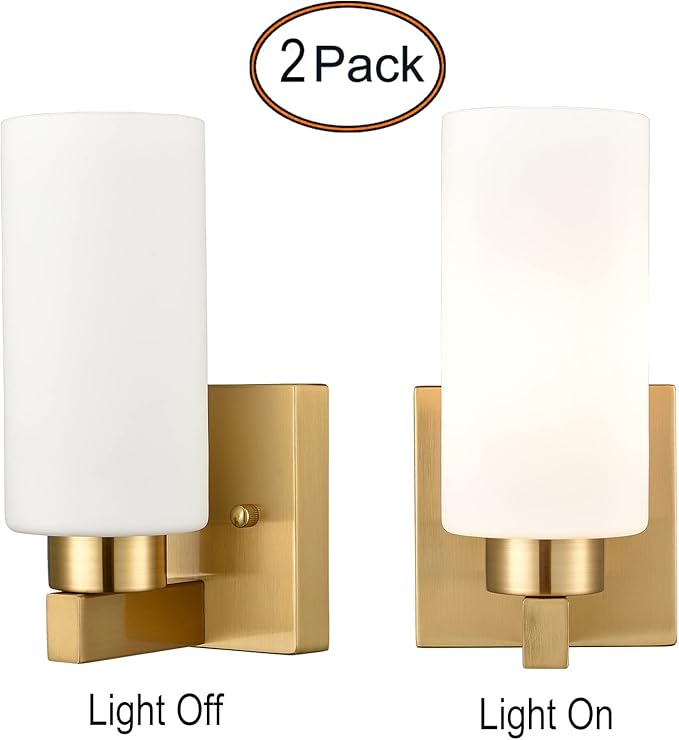 Modern Wall Light Fixtures Brass Bathroom Vanity Light with Milky White Cylinder Glass Shade Set of 2