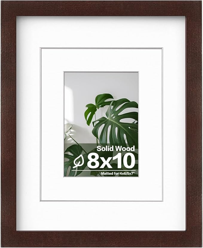 Egofine 8x10 Picture Frame Made of Solid Wood with Plexiglass, Display Pictures 4x6/5x7 with Mat or 8x10 Without Mat for Tabletop and Wall Mounting, Walnut Color