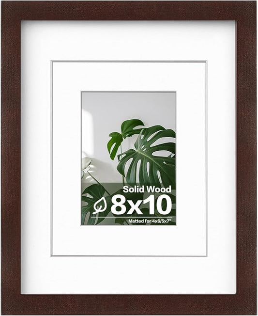 Egofine 8x10 Picture Frame Made of Solid Wood with Plexiglass, Display Pictures 4x6/5x7 with Mat or 8x10 Without Mat for Tabletop and Wall Mounting, Walnut Color