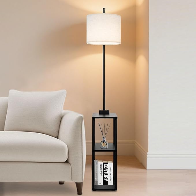 Floor Lamp with Table, Narrow Side Table with USB-A/USB-C Charging Station and AC Port, 3 Color Temperatures 12W LED Bulb, End Table for Bedroom, Living Room and Home Office, Black