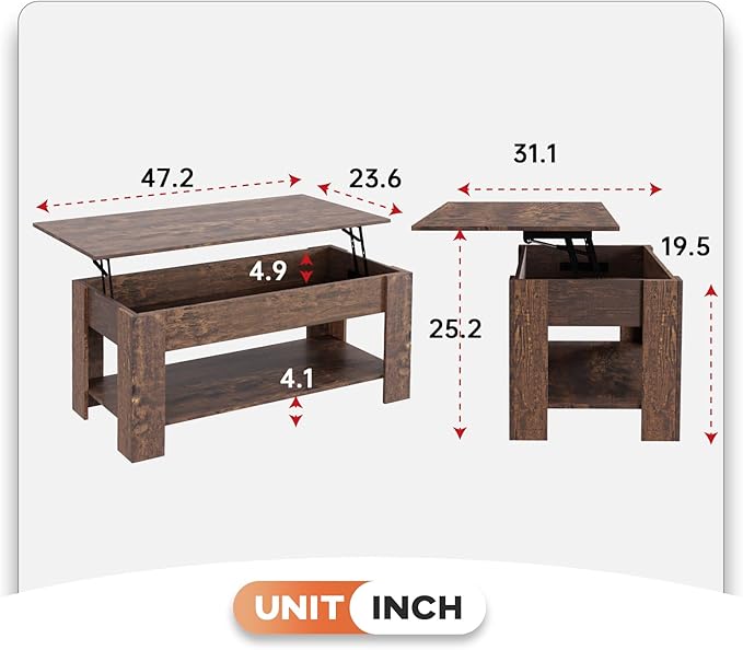 FDW Lift Top Coffee Table Coffee Table with Hidden Compartment and Storage Shelf for Living Room Reception Room 47.2in L,Brown