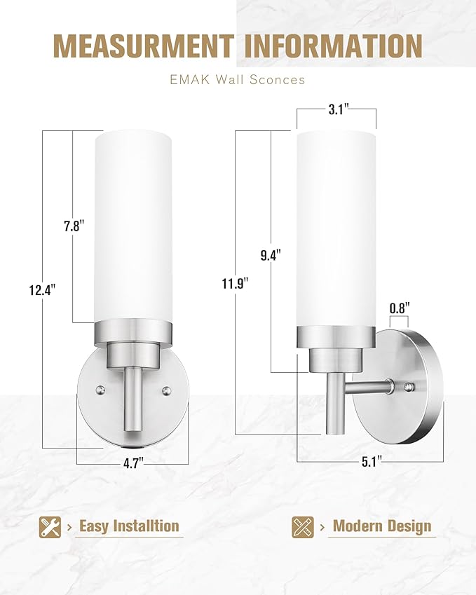 Emak Brushed Nickel Sconces Wall Lighting, Modern Vanity Lights with Milk Glass Shade, Wall Sconce for Bathroom, Bedroom, Living Room, Hallway, WS085-BN-ML-2PK