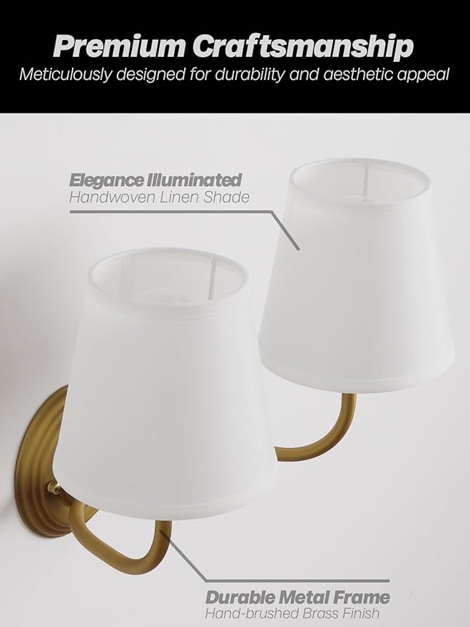 Vintage 2-Lights Fabric Wall Sconce with White Cloth Shade, Double Arm Wall Lamp Fixture for Bathroom Bedroom Living Room Hallway