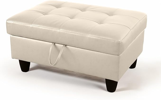 Ottoman Rectangular Storage Ottoman Bench, Faux Leather Footrest, Coffee Table, Stool Footstool with Hinged Lid for Living Room, Bedroom, Entryway, Champagne, 35"x23.5"x17.5"