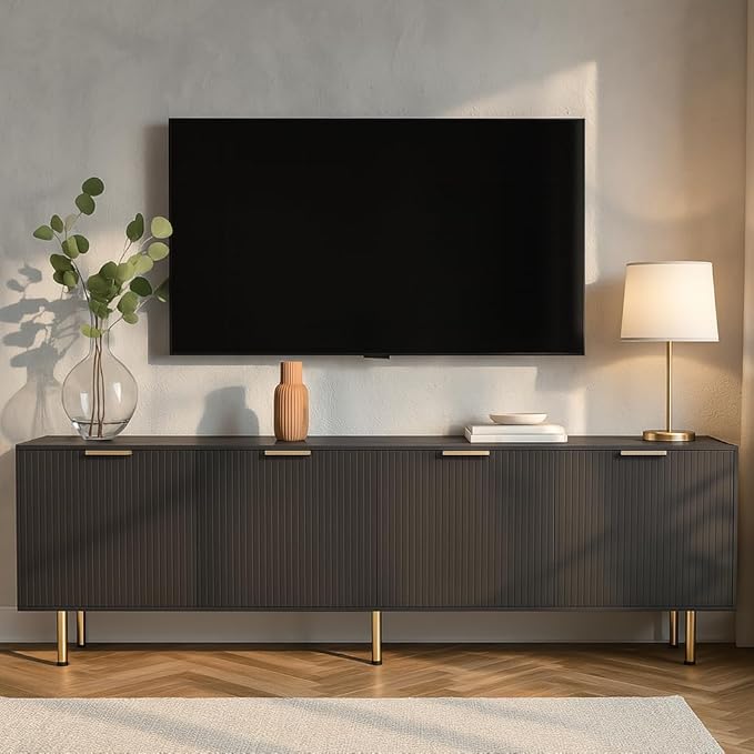 Black TV Stand for TVs up to 80 Inch,Mid Century Modern TV Console,TV Stands for Living Room & Bedroom,Entertainment Center with Storage,Entertainment Stand,TV Cabinet for 55,60,65,70,72,75,80 Inch TV