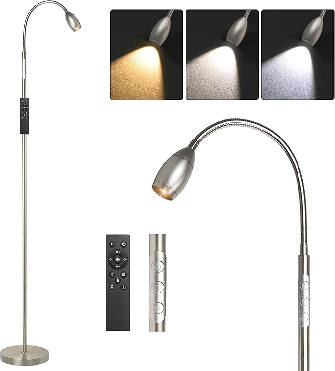 Reading Floor Lamp, 72" Tall LED Lamp with Flexible Gooseneck, Dimmable Zoomable Spotlight, Adjustable Color Beam Standing Lamp, Touch & Remote Control, Task Craft Bedroom Living Room (Brushed Nickel)