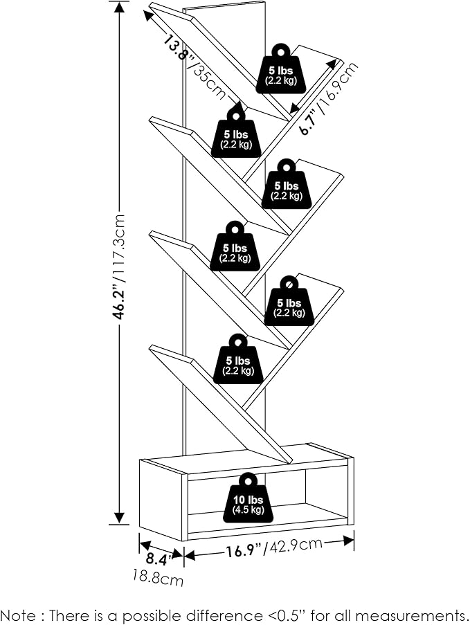 Furinno Tree Book Shelf, 7-Tier Bookshelf, Tree Bookcase with Bin Drawer, 8.4 x 16.9 x 46.2, for Living Room, Bedroom, Home Office, White/Black