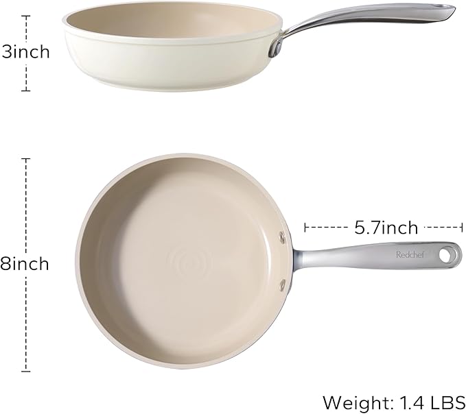 Redchef Ceramic Non Stick Frying Pans, 8" Skillet, Omelette Egg Pan with Stay Cool Handle, Ceramic Chef Pan for Cooking Non Toxic, PFOA & PFAS Free, Induction Compatible, Oven & Dishwasher Safe(Beige)