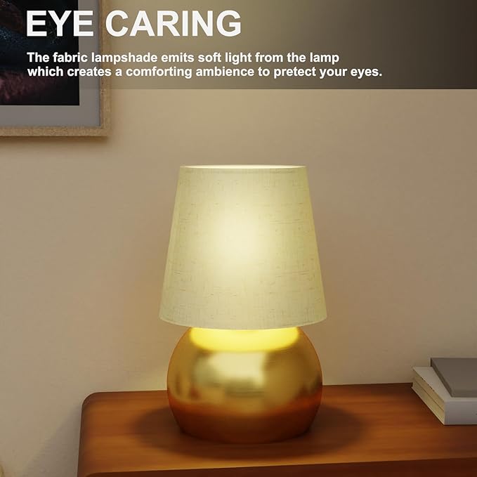 Set of 2 Small Gold Spherical Base Bedside Table Lamp with Textured Linen Shade (Bulb Included)