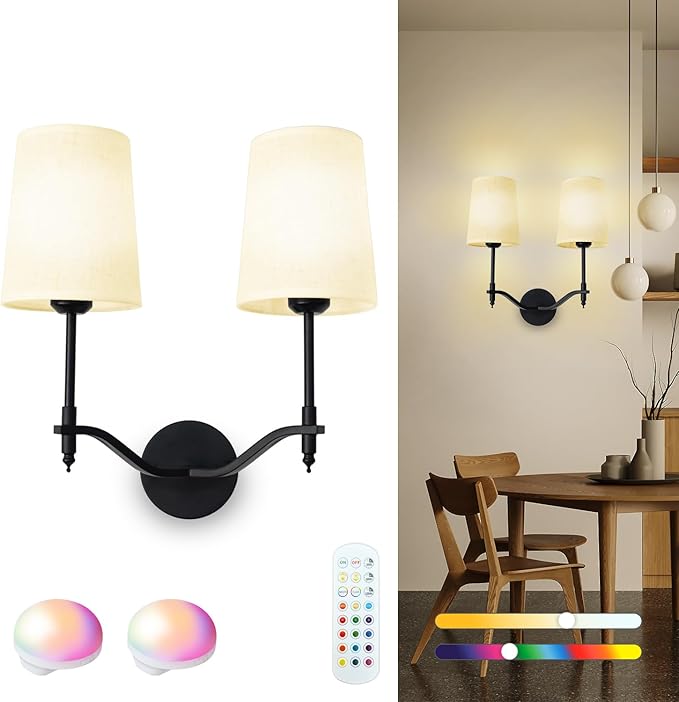 Wall Lights Battery Operated Wall Sconces 2-Light, Black Rechargeable Wall Sconce with 15 RGB Dimmable Detachable Bulbs and Remote, Wireless Battery Powered Wall Lamp for Living Room Bedroom