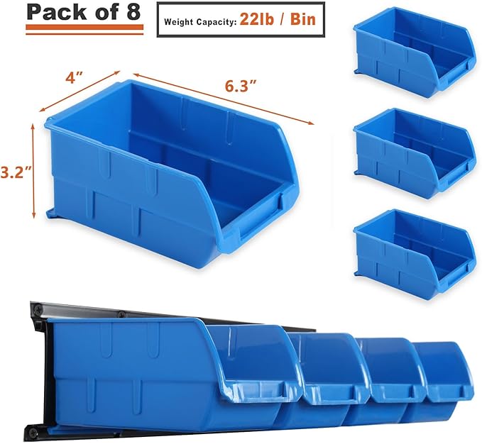 Wallmaster 8-Bin Storage Bins Garage Rack System 2-Tier Orange Tool Organizers Cube Baskets Wall Mount Organizations (Blue)
