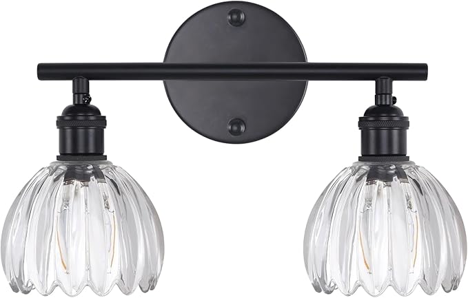 Bathroom Light Fixtures, 2-Light Black Vanity Wall Light Over Mirror with Clear Tulip Glass Shade for Bedroom Living Room