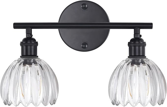 Bathroom Light Fixtures, 2-Light Black Vanity Wall Light Over Mirror with Clear Tulip Glass Shade for Bedroom Living Room